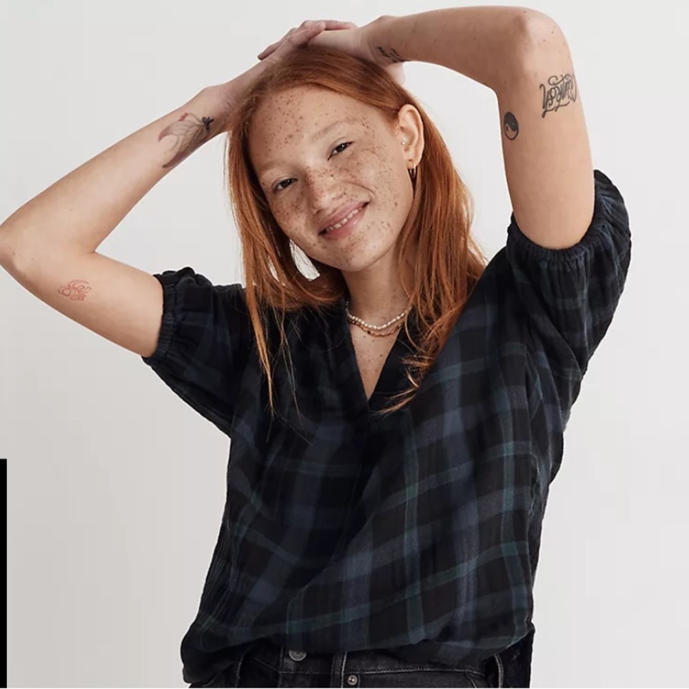 Madewell Lightspun Bubble-Sleeve Top in Plaid - NWT!!